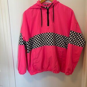 Orange Kiss Pink Windbreaker Pull Over Black & White Checkered Size M